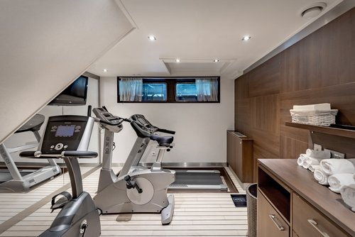 Modern ausgestatteter Fitnessraum mit zwei Crosstrainern, Spiegelwand, Holzdetails und Handtüchern auf einem Regal.
